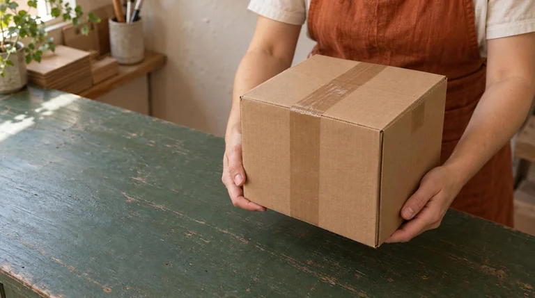 The same maker lifts a closed, taped rigid kraft parcel from the green workbench, ready to dispatch