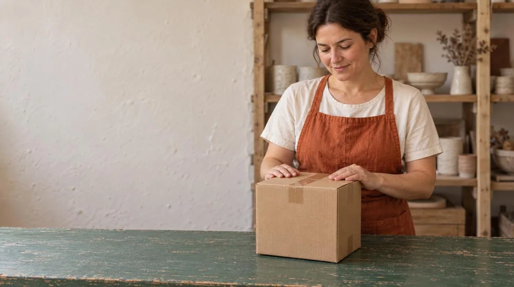 A ceramic maker in a rust apron and cream T-shirt rests her hands on a sealed rigid kraft parcel in her workshop
