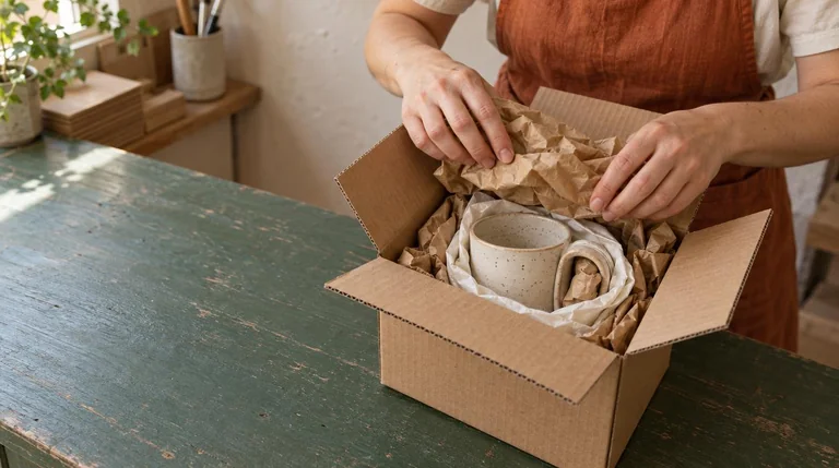One speckled ceramic mug, with paper around its body and handle, inside a rigid kraft box on the green workbench